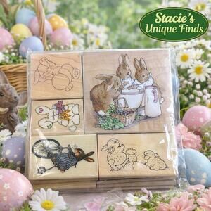 Vintage Easter Bunny Rubber Stamp Set Of Wood Mounted Cottagecore Spring Crafts